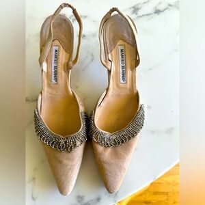 Manolo Blahnik beige fur and crystal mules